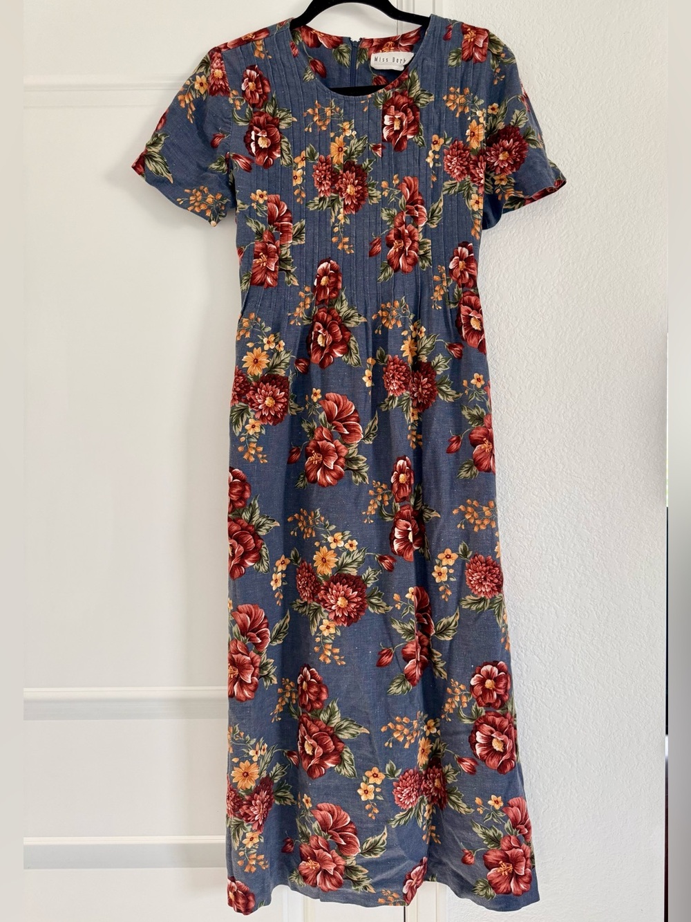 Miss Dorby Vintage Cottagecore Blue Floral Midi Linen Blend Dress women’s Medium
